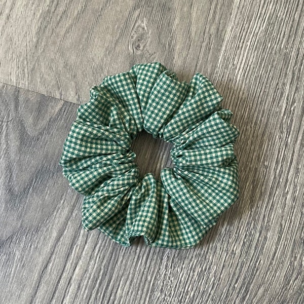 Green gingham scrunchie | dark sage green gingham plaid hair tie cottage core