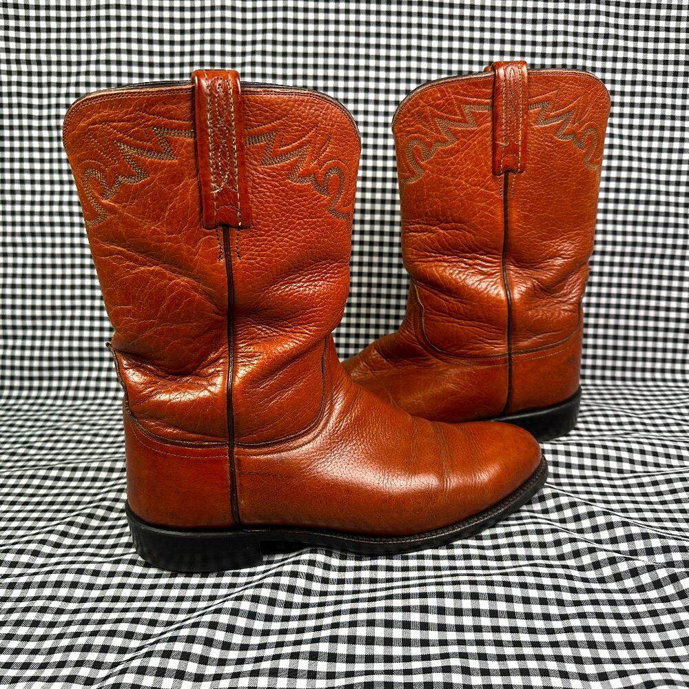 Luchhese 2000 bull hide brown leather cowboy boots round toe classic mens 10.5 What do we think on these lucchese 2000”s real or print ?? main image 4