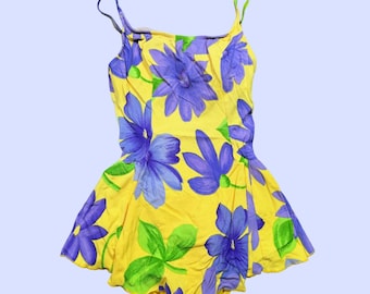 Vintage Cole California Swimsuit Dress Skirt 14 Floral Yellow Purple Swim