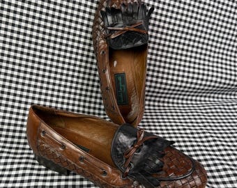 Vintage Guido Longinotti Woven Leather Kiltie Loafers Brown Italy EU 38 Boho