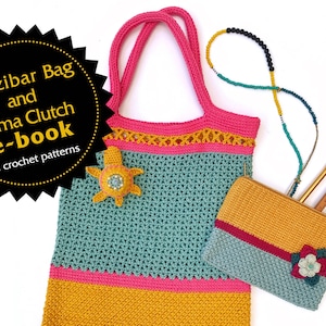 May include: A crochet e-book featuring two patterns: a teal, pink, and yellow tote bag with a crocheted turtle charm and a teal, pink, and yellow clutch with a crocheted flower.