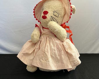Vintage Style Plush Bunny Girl in Red Polka Dot Dress and Bonnet 12 Inch Plush