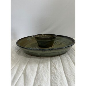 Studio Pottery Handmade Stoneware Chip and Dip Serving Set Green Brown