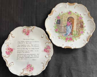 Vintage Japan Religiöse Dekorative Teller Jesus Lords Prayer 18K Gold Trim Set 2