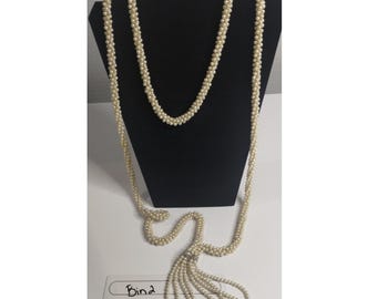 Vintage Style Cream Faux Pearl Lariat Tassel Necklace Silver Rhinestone Accent