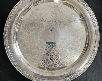 Oneida USA ヴィンテージ シルバープレート ラウンド サービングトレイ 15インチ 装飾的なエッチング加工の花柄