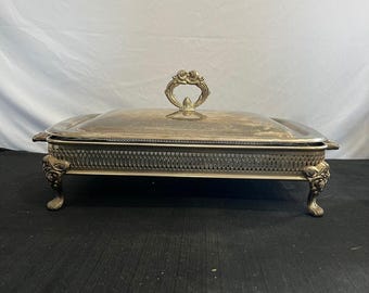 Vntg Silberplatte Footed Chafing Dish Rechteckige Auflaufform Serrer Glasauskleidung