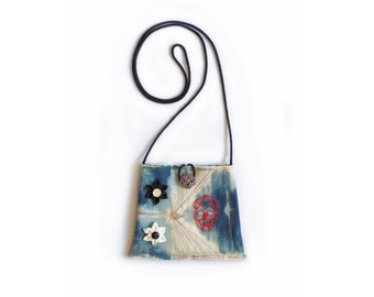 Shibori Denim Crossbody Bag: Hand-Embroidered Skull, Upcycled Fashion