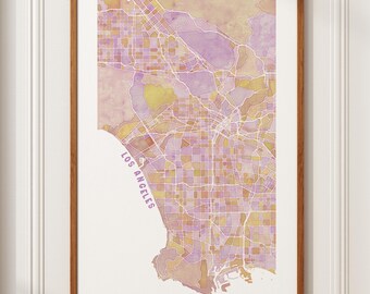 Mapa de Los Angeles em aquarela – Pôster do mapa da cidade de Los Angeles em roxo e dourado – Mapa de ruas vertical 11x17 – Presente de Los Angeles, Califórnia – Decoração moderna para a cidade