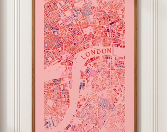 Pôster com mapa de Londres em aquarela – Impressão artística da cidade em tons de rosa e vermelho (11x17)