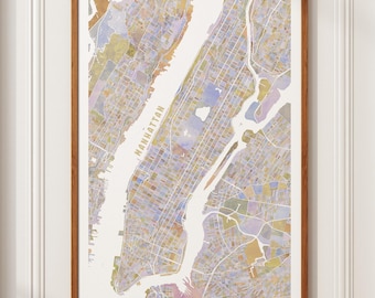 Mapa de Manhattan em aquarela – Arte de parede azul e laranja de Nova York – Pôster vertical sem moldura 11x17 – Decoração com mapa de ruas de Nova York