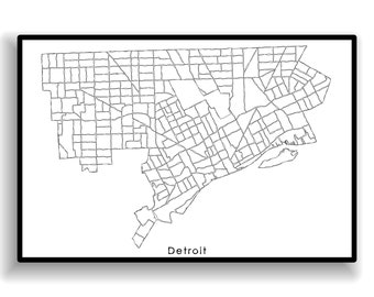 Map of Detroit Michigan, Minimalist Hand Drawn Black and White Wall Art Print Poster, Detroit City Street Neighborhood Map Line Art