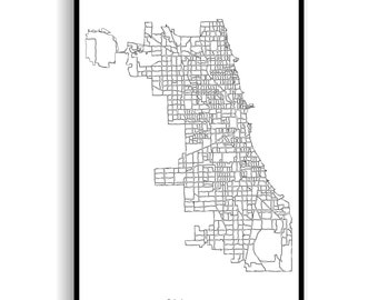 Map of Chicago Illinois, Chicago City Map Art Print Poster, Chicago Minimalist Black and White Street Art, Chicago Neighborhood Poster Art