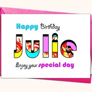 Carte de vœux d’anniversaire, Julie, Ava, Gemma, Carole, Holly, Sarah, Olivia, Natalie, Ann, n’importe quel nom, vibrant, contemporain