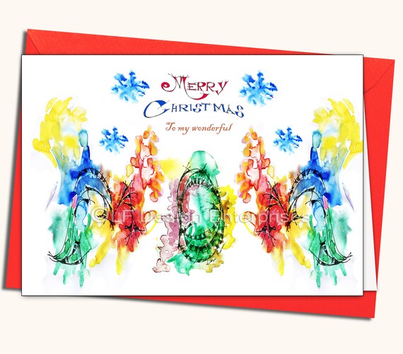 watercolour card glitter Merry Christmas gems personalised handmade card New year