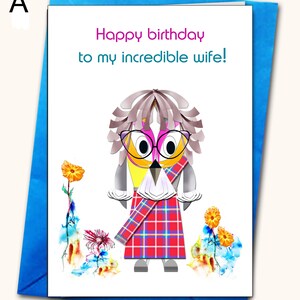 Feliz aniversário, esposa, escocês, irlandês, cartão de felicitações, cartões personalizados, qualquer nome nos cartões, feito à mão,