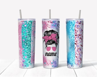 Pink teal purple messy bun floss personalize tumbler wrap png digital download 300dpi