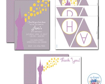 Rapunzel Party Package, Editable Tangled Invitation, Tangled Birthday Party, Rapunzel Birthday Invitation