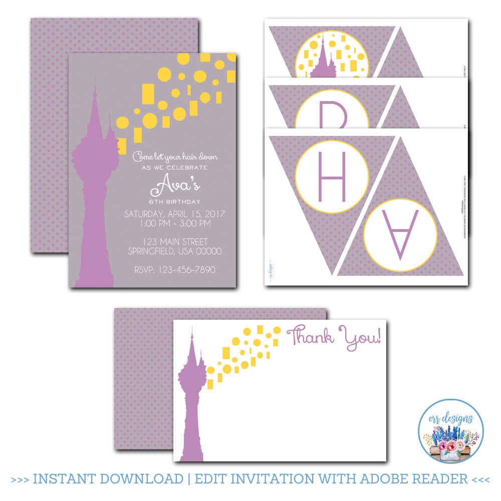 Rapunzel Party Package Editable Tangled Invitation Tangled Birthday Party Rapunzel Birthday Invitation