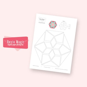 May include: A white paper with a geometric design and the text "Hexie Magic english paper piecing fun" on a pink background. The design is a series of interconnected shapes, with a smaller, colorful floral design in the upper left corner.