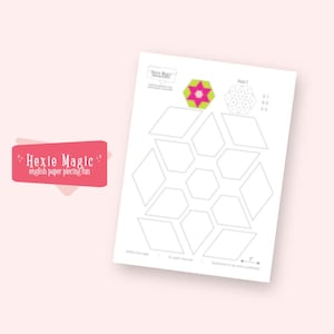May include: A white paper with a geometric design and the text "Hexie Magic" in a pink banner. The paper features a pattern of diamonds and hexagons, with a colorful floral design at the top.