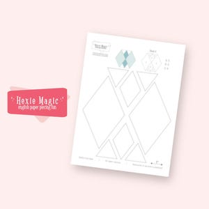 May include: A white paper with geometric shapes for English paper piecing. The paper includes diamond and triangle templates, along with the text "Hexie Magic" on a pink label. The background is a soft pink.