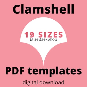 Könnte beinhalten: Eine rosa Grafik mit dem schwarzen Text Clamshell oben und PDF templates unten. Eine weiße Muschelform in der Mitte enthält den rosa Text 19 SIZES und den schwarzen Text EliseBaekShop. Die Wörter digital download erscheinen darunter.