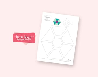 May include: A white paper with a geometric design and the text "Hexie Magic". The paper features a hexagon pattern with various shapes and a color diagram. The background is a light pink.