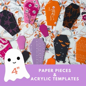 May include: A set of 4 inch paper pieces and acrylic templates for crafting. The pieces are shaped like coffins and feature various Halloween-themed patterns, including skulls, bats, and spiderwebs. The paper pieces are in pink, purple, orange, and black.