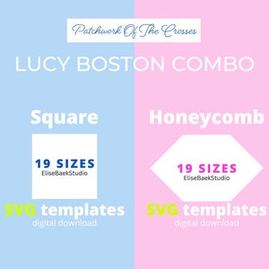 May include: A digital download of 19 SVG templates for a Lucy Boston quilt block pattern in both square and honeycomb shapes. The text "Patchwork of the Crosses" is at the top of the image. The text "19 SIZES" is in blue on a white background. The text "EliseBaekStudio" is in black on a white background. The text "SVG templates" is in green on a white background. The text "digital download" is in black on a white background.