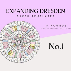 May include: A colourful paper template for a 5-round expanding Dresden quilt block. The template is divided into 20 sections, each with a different floral pattern. The template is labelled "No. 1" and "5 Rounds (4 Whole Rounds, 1 Split Round)".