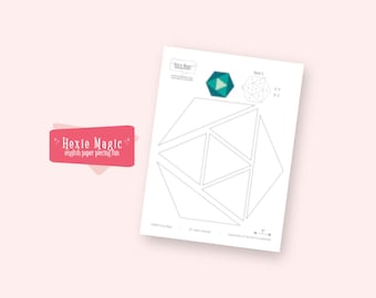 May include: A white paper with geometric shapes and the text "Hexie Magic" in a pink banner. The paper features a diagram of a geometric shape, with a teal and green geometric shape in the upper right corner.