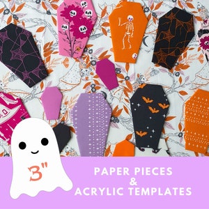 May include: A set of 3-inch Halloween coffin-shaped fabric pieces with various spooky patterns, including bats, skeletons, and spiderwebs. The fabric pieces are arranged on a white background with floral patterns. The text "PAPER PIECES & ACRYLIC TEMPLATES" is displayed at the bottom of the image.