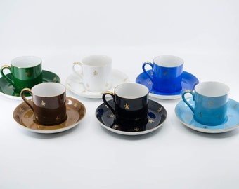 Set of 6 Fleur De Lis Multicolor Espresso Cups and Saucers