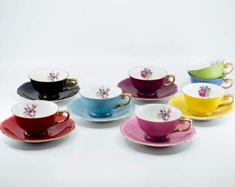 Victoria Czechoslovakia Demitasse Teacup and Saucer Set of 6 Complete