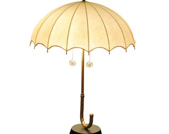 Vintage Brass and Hide Shade Umbrella-Form Table Lamp