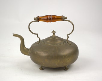 Antique Brass Footed Kettle with Amber Handle