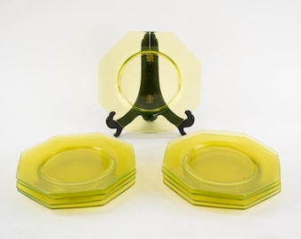 Set of Nine Uranium Glass Octagonal Salad Plates