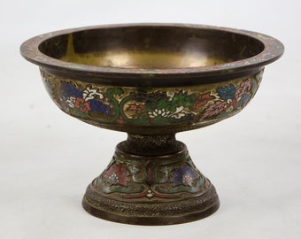 Antique Chinese Champlevé Enamel Cloisonné on Brass Compote Bowl