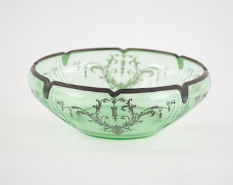 Vintage Green Glass Fruit Bowl with Metal Rim