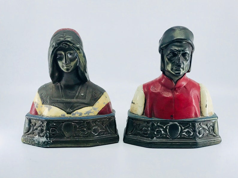 Pair of Armor Bronze Classical Figural Bookends Representing Dante and Beatrice image 1