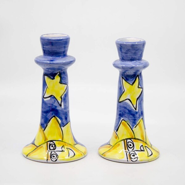 Pair of Italian Majolica Sun, Moon, and Star Terracotta Candlestick Holders