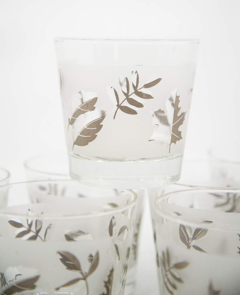 Mid-Century Modern Libbey Glass Co. Set of 7 Silver Detailed Old Fashioned Glasses image 4