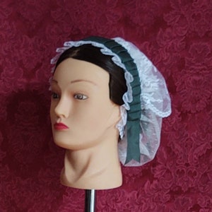 White Lacy Daycap with Forest Green folded ribbon coronet trim and fanchon style overlay - Day Cap, Civil War, Historical Headwear