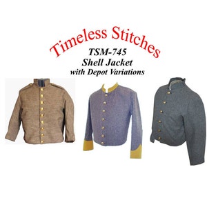 Puede incluir: Tres variaciones diferentes de una chaqueta de combate de la época de la Guerra Civil. Las chaquetas son de lana y tienen un cuello alto. Las chaquetas son de color marrón, azul y gris. TSM-745 Shell Jacket with Depot Variations.