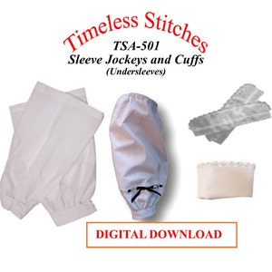 Könnte beinhalten: Digitaler Download-Schnittmuster für die Herstellung von weißen Baumwoll-Ärmeljockeys und Manschetten, auch bekannt als Unterärmel. Das Schnittmuster heißt TSA-501 Timeless Stitches.