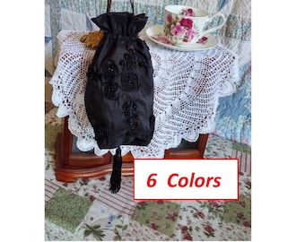 Ribbon Taffeta Reticule, 6 COLORS and Optional Beads, drawstring bag, 19th Century Victorian purse,  Civil War, Edwardian, Regency