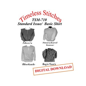 Patrón de camisa estándar militar/básica/civil de mediados del siglo XIX para hombres y niños. Patrón de costura Timeless Stitches TSM-710