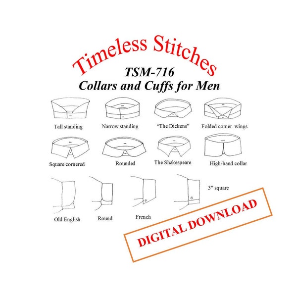 Collars and Cuffs for Men's Shirts/ 19th Century Civilian Collars and Cuffs Pattern/ Timeless Stitches Pattern TSM-716 DIGITAL DOWNLOAD