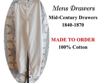 Men's drawers, 19th Century Drawers, Civilian, Military, Mid -1800  full drawers,  historic underwear, Victorian, Civil War -  MADE TO ORDER